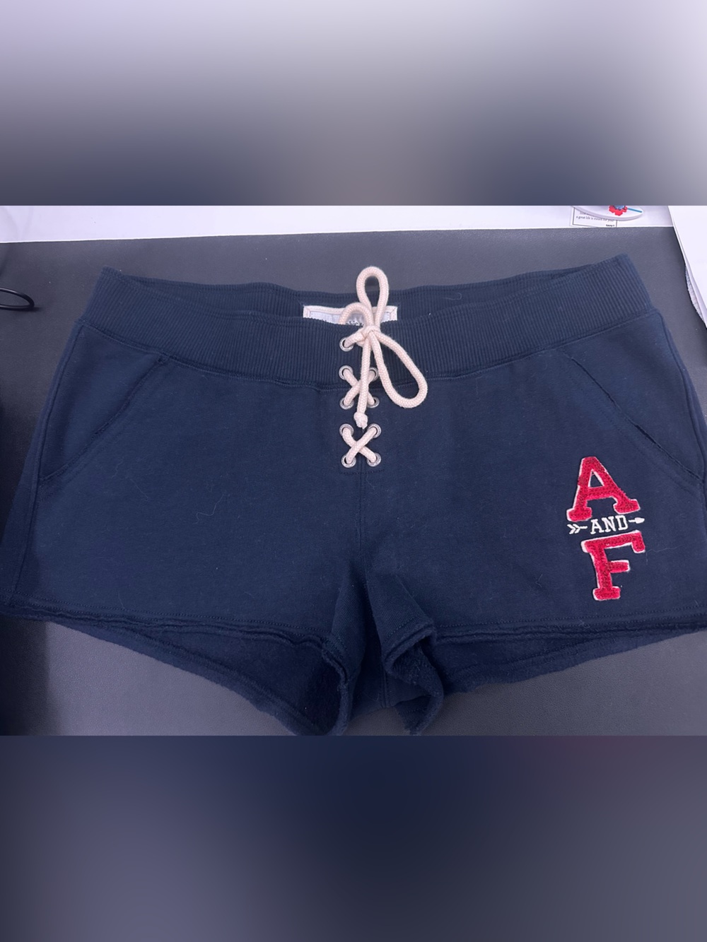 Abercrombie & Fitch Navy Lace-Up Logo Athletic Shorts